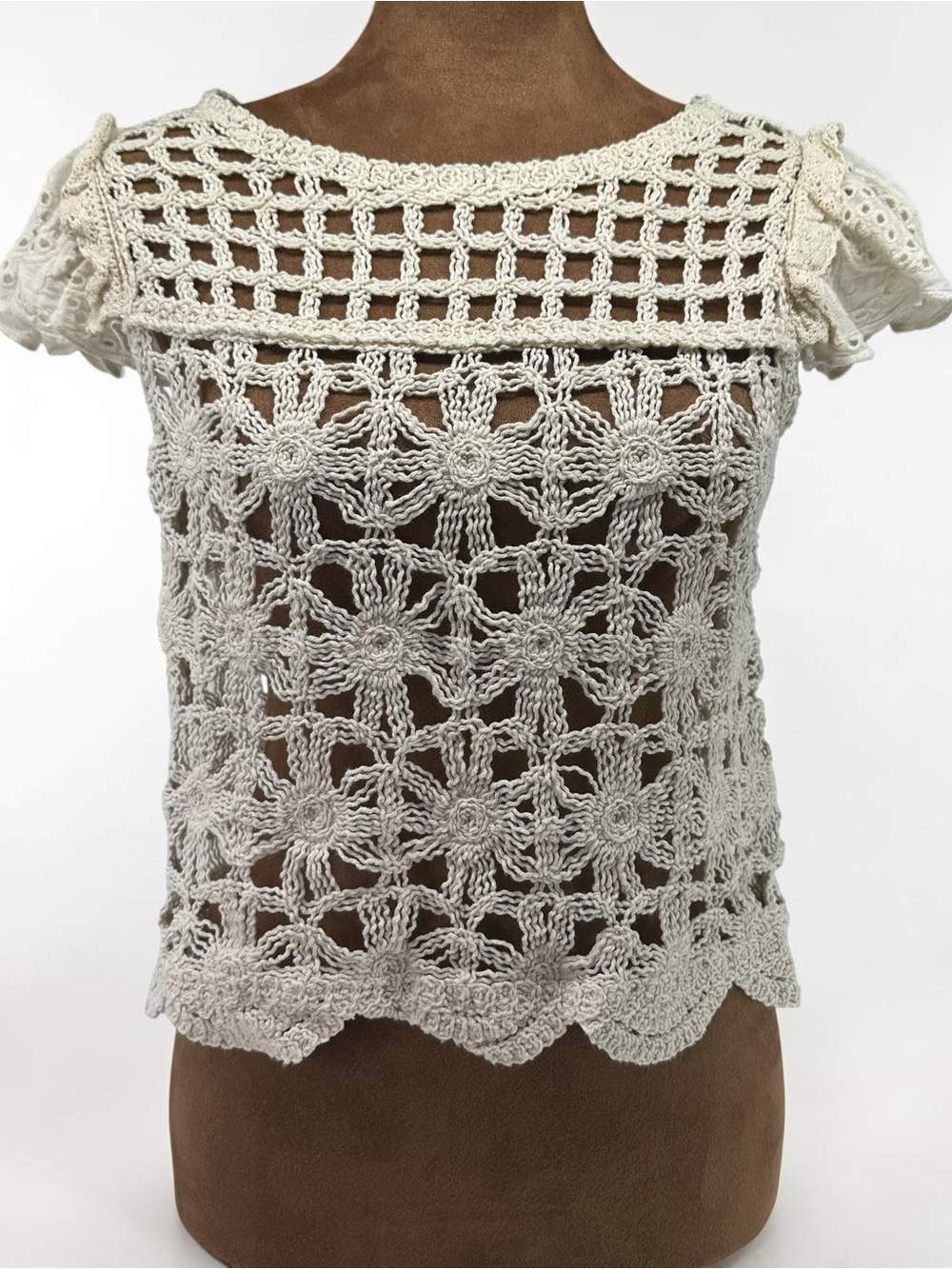 bishop + young Cream Crochet Openwork Short Sleeve Camisole